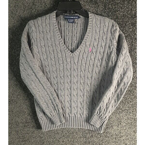 Ralph Lauren Sport V-neck Gray Cable Knit Sweater Sz Large Casual Preppy